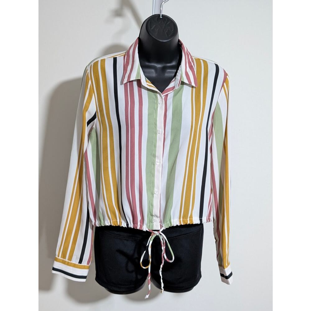 Timing Multicolor Striped Button Down Blouse Tie … - image 1